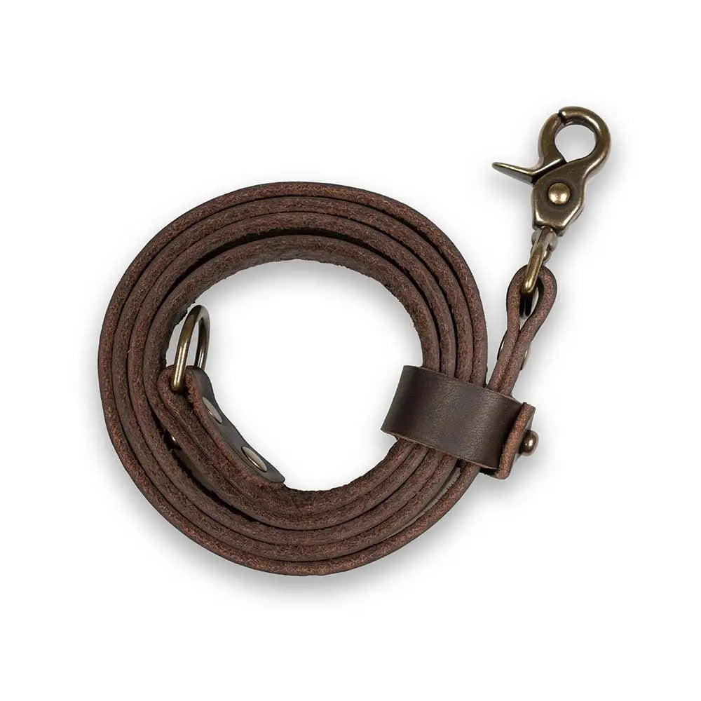 Roselli-koiran talutin d-renkaalla featuring brown leather strap with brass-toned metal clasp and buckle