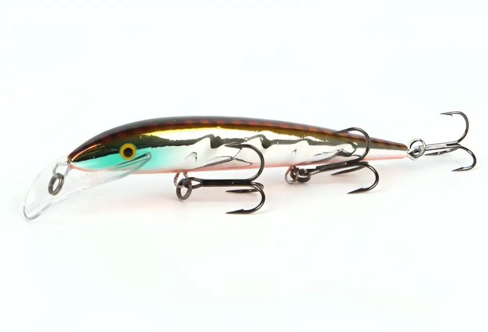 Shiny metallic scandianvian tackle baron vaaput fishing lure with silver body, green black head, yellow eye, and treble hooks