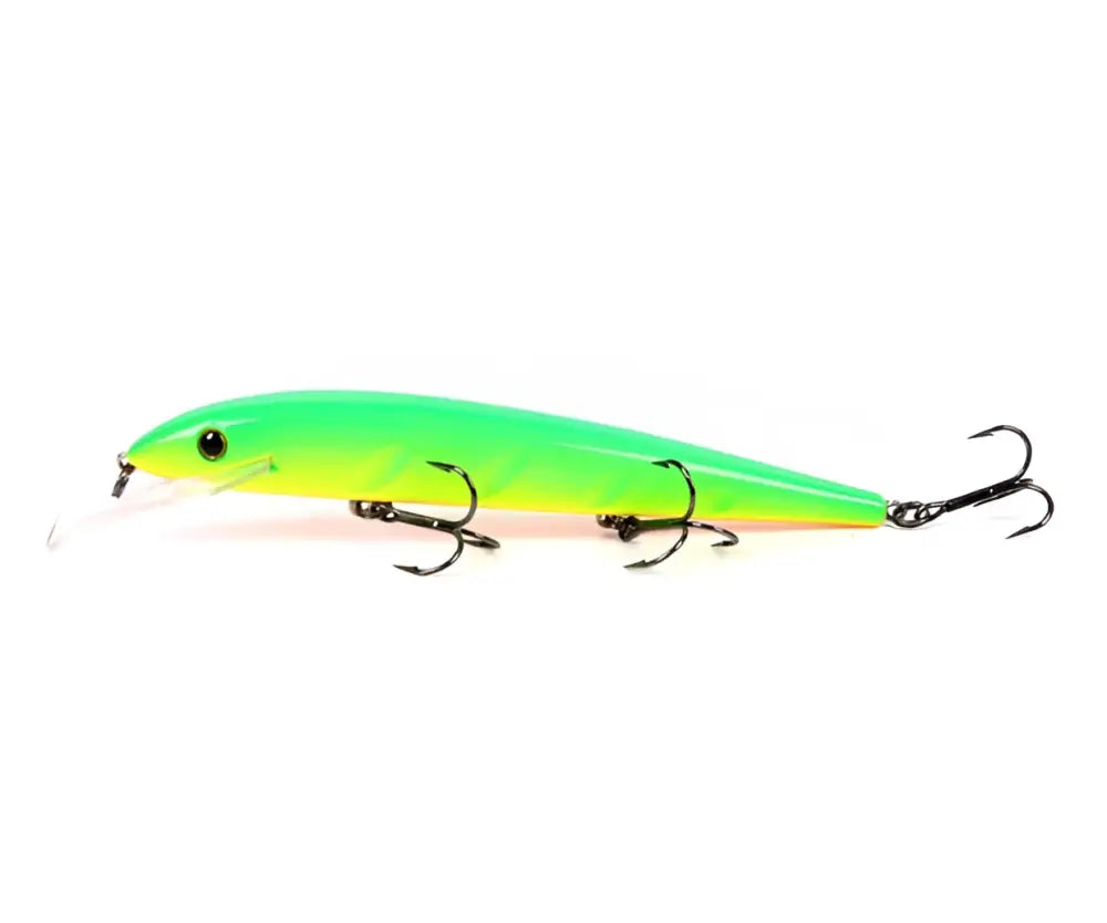Vibrantti neonvihreä ja keltainen kovakehoinen scandinavian tackle baron vaaput kalaan kolmella treblekoukulla 130mm