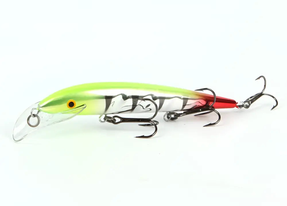 A vibrant lime green and red scandinavian tackle baron vaaput 130mm fishing lure with black tiger stripes and clear plastic head
