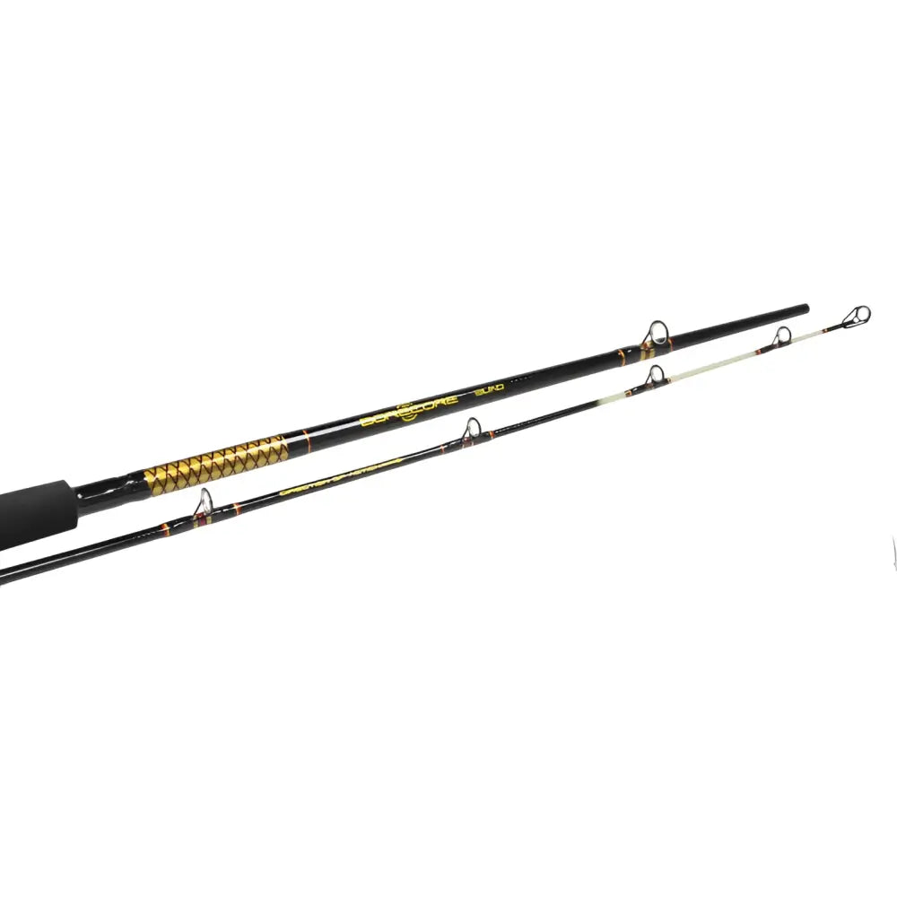 Black and gold carbon fiber scandinavian tackle borecore 300 15-40lb trolling fishing rod with textured grip and sonicore 2015 branding