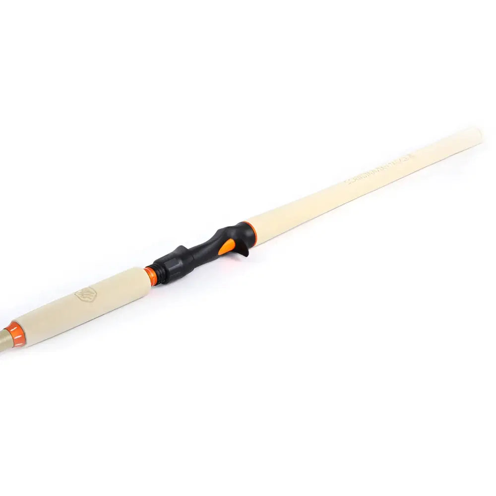 Cream-colored scandinavian tackle flutactic 12 6 fishing rod with black and orange accents on handle and reel seat