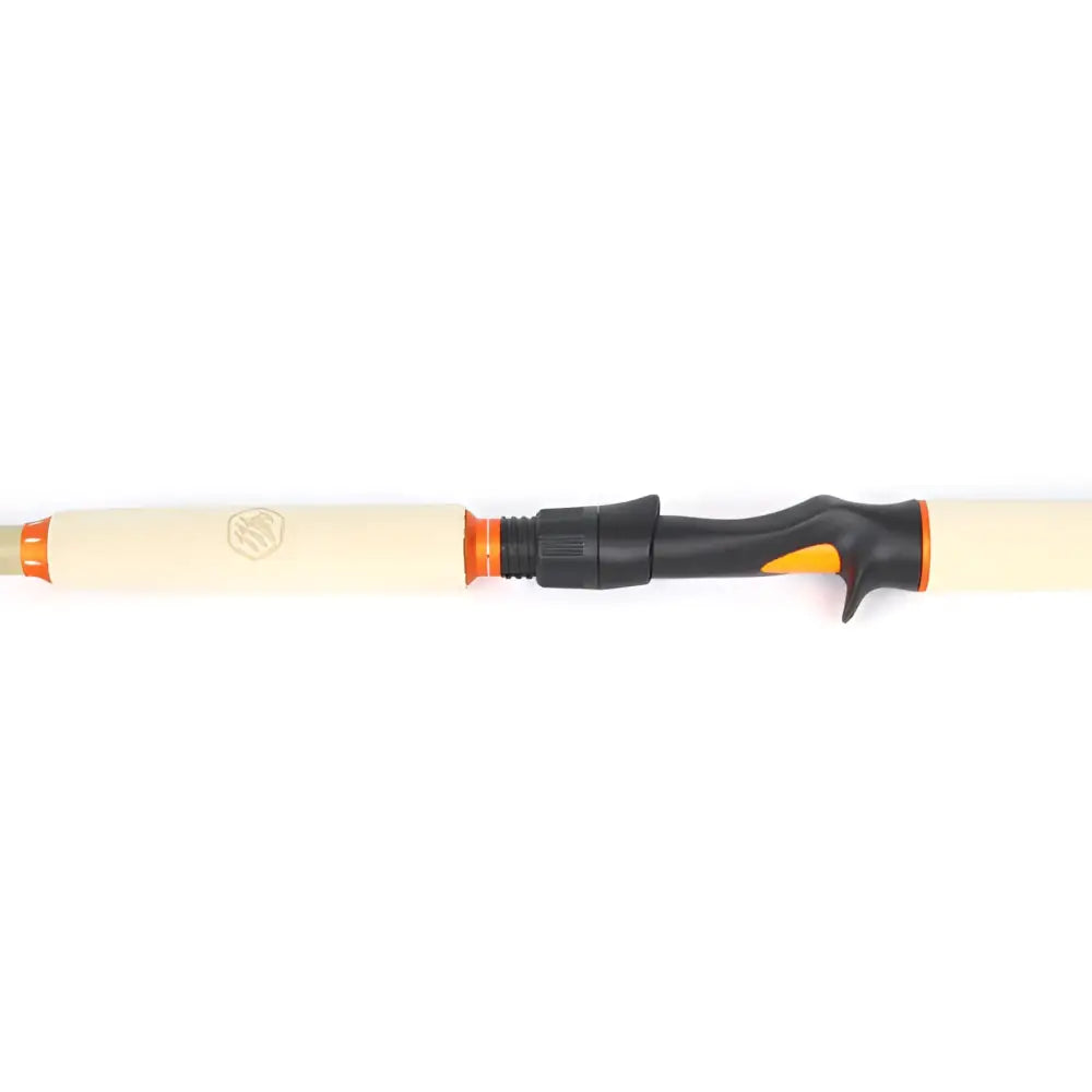 Cream-colored scandinavian tackle flutactic 12’6’’ fishing rod with black and orange handle accents for versatile fishing use