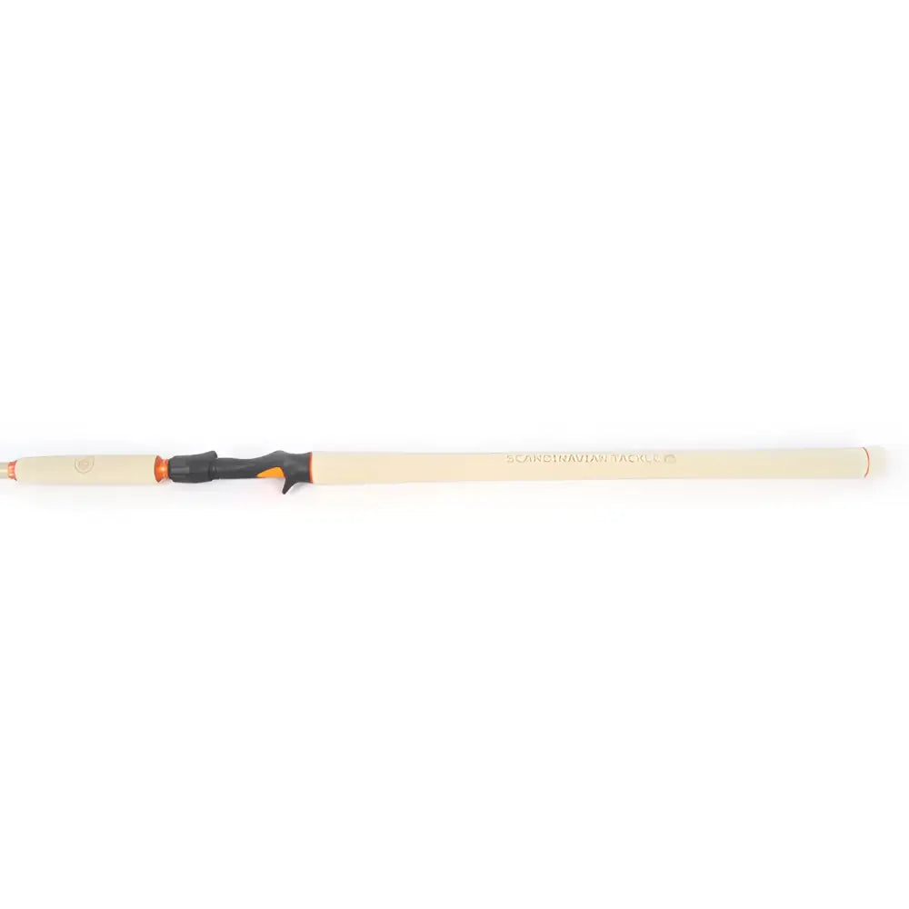 Cream-colored scandinavian tackle flutactic 12’6’’ baitcasting fishing rod with black and orange handle accents
