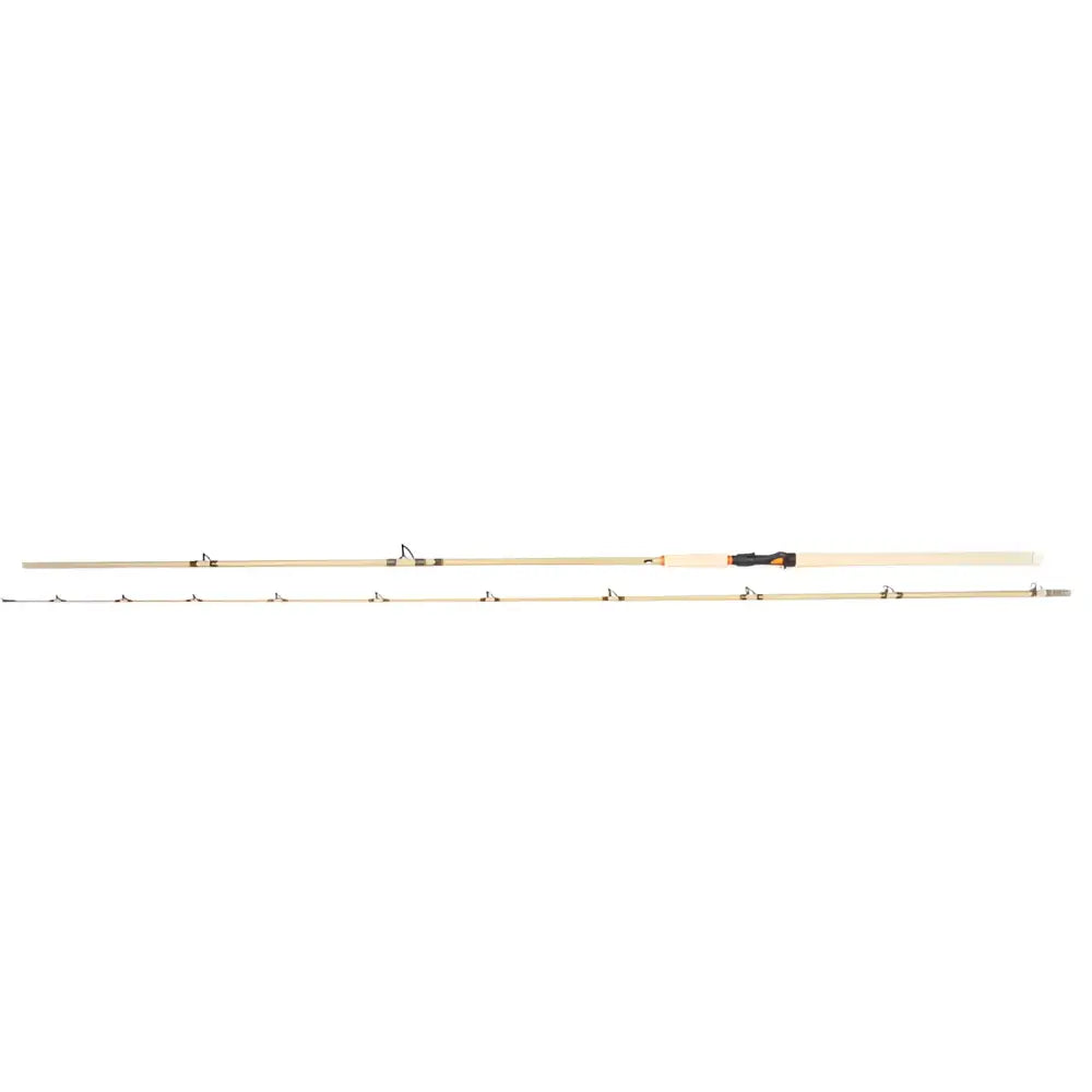 Light-colored scandinavian tackle flutactic 12’6’’ fishing rod with black and orange handle grip for 50-135g use