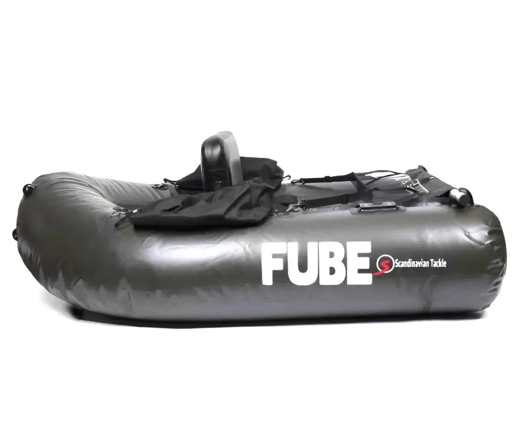 Mustanvärinen scandinavian tackle fube kelluntarengas jossa valkoinen fube-logo ja kiinnitetty musta istuin