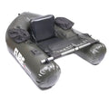 Olive green inflatable fishing boat with black padded seat and storage bags scandinavian tackle fube kelluntarengas