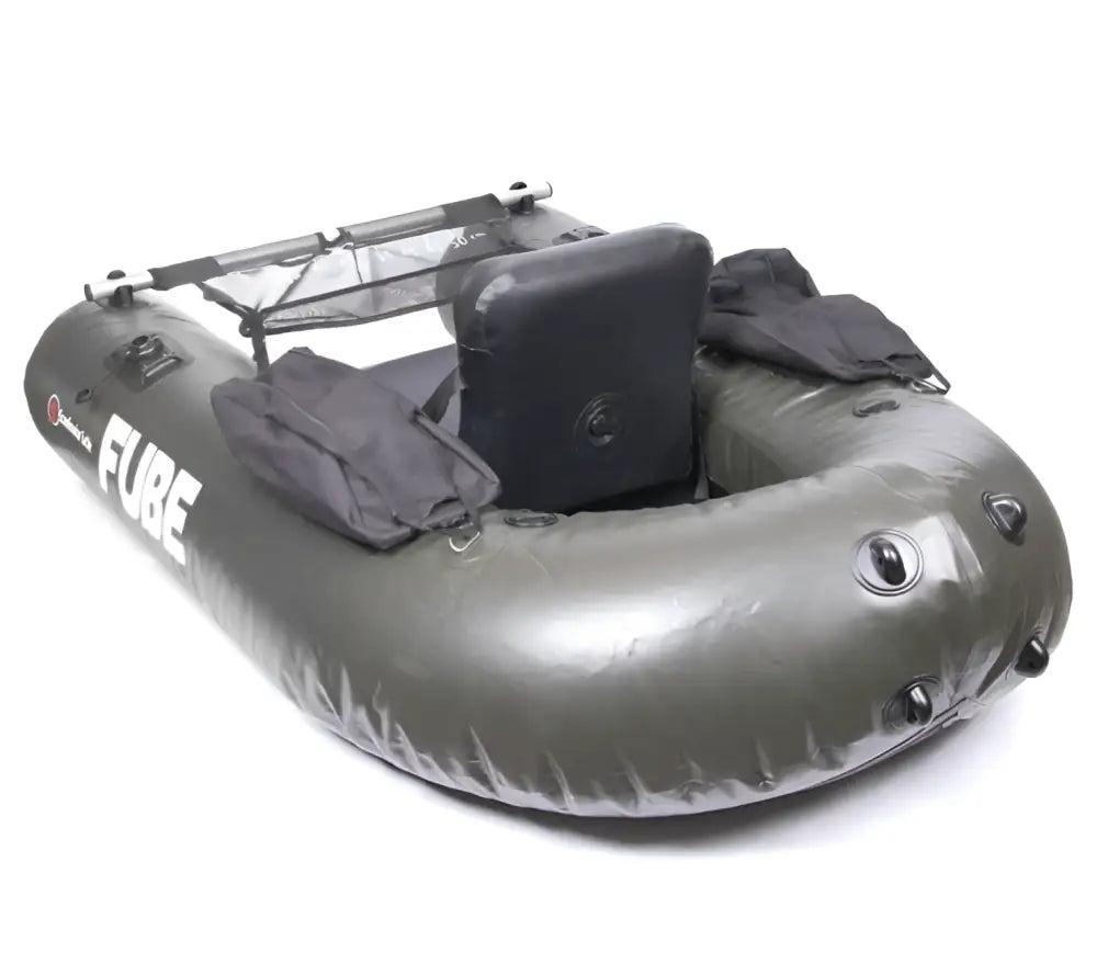 Olive green inflatable fishing boat scandinavian tackle fube kelluntarengas with black seat and mesh storage rack