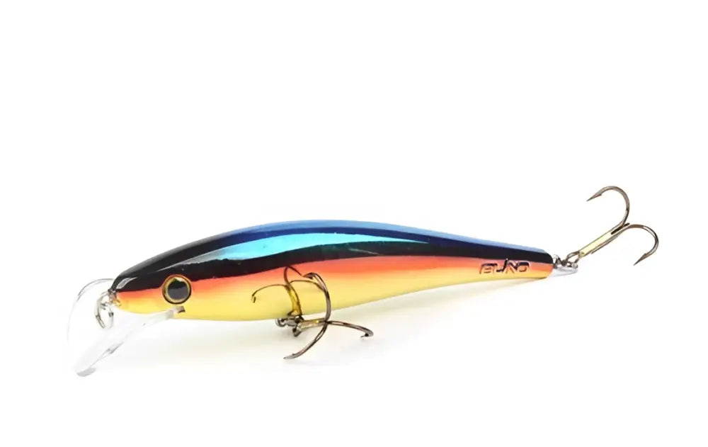 Vibrantti sateenkaarenvärinen 11 cm skandinavian tackle gator wobbler metallisella viimeistelyllä ja kolmella kolmoiskoukulla