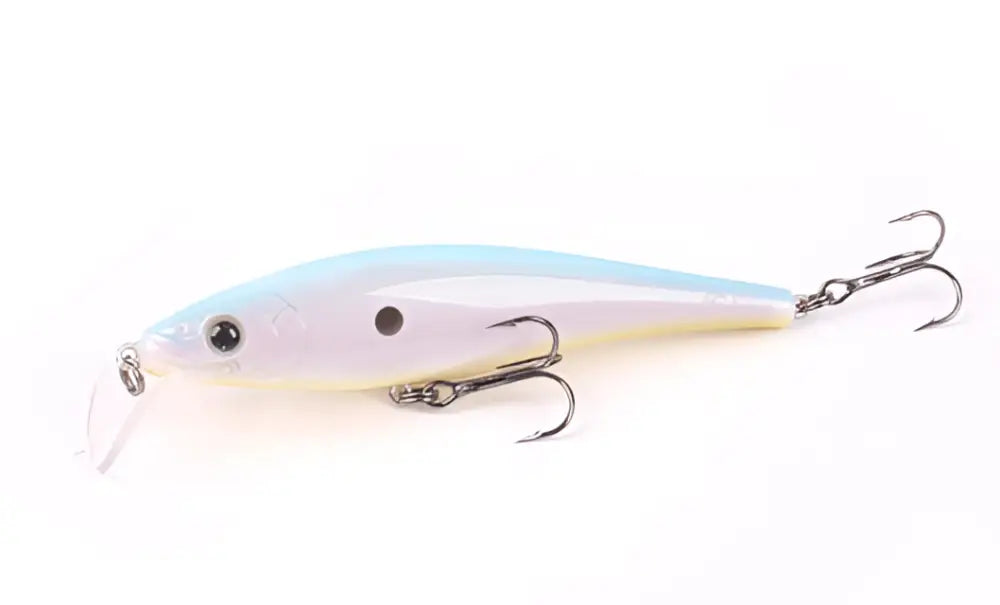 Skandinavian tackle gator wobbler 11cm läpinäkyvä sinivalkoinen viehe kolmella kolmipiikkisellä koukulla ja mustalla silmällä