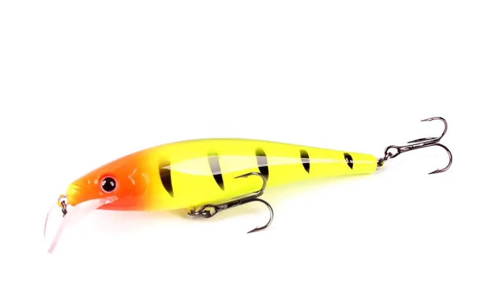 Scandinavian Tackle gator wobbler 11cm keltainen ja oranssi minnow-tyylinen viehe mustilla raidoilla ja metallikoukkuilla