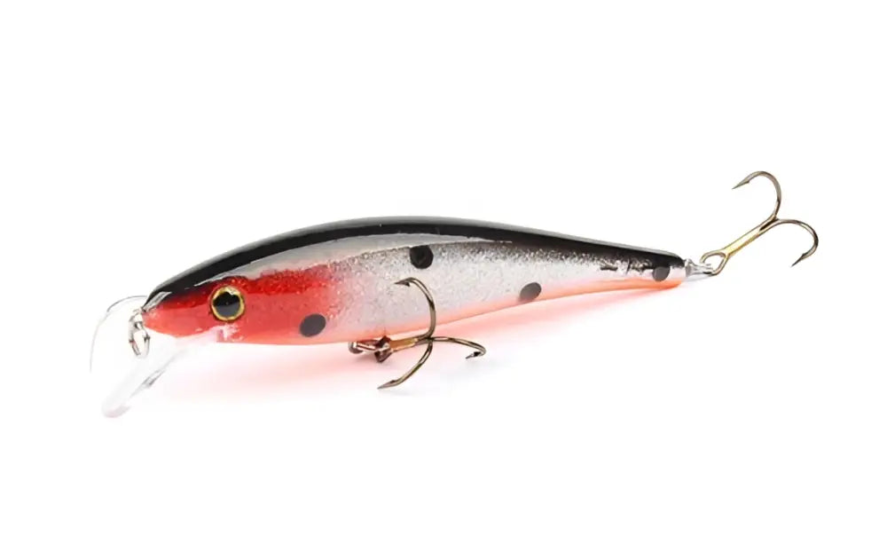 Scandinavian tackle gator wobbler 11cm punainen hopea ja musta pilkullinen minnow-tyylinen viehe kirkkaalla muovihännällä ja kolmella kolmihaarakoukulla