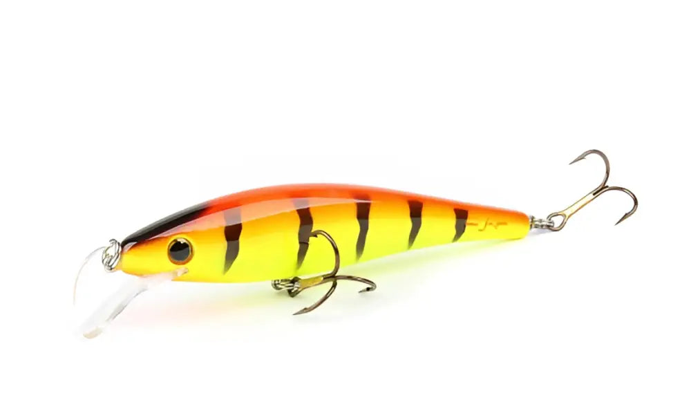 Vibrantti oranssi ja keltainen skandinaavinen Tackle Gator Wobbler 11 cm kova kalastusviehe mustilla raitoja käyttäen