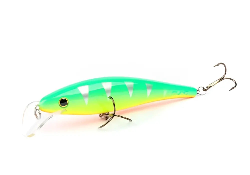 Scandinavian Tackle Gator Wobbler 11cm värikäs vihreä-keltainen kalastusviehe valkoisilla kolmioilla ja metallisilla kolmihaarakoukuilla
