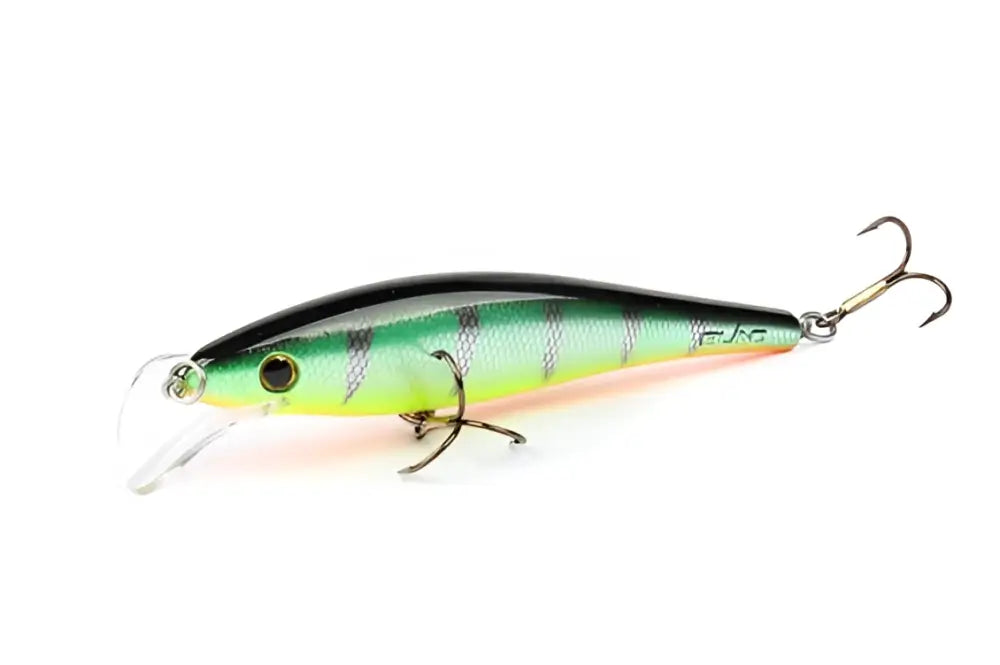 A sleek green and black striped crankbait lure with clear plastic lip and metallic treble hooks Scandinavian Tackle Gator Wobbler 11cm