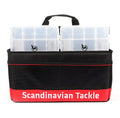 Black and red mesh scandinavian tackle jättikokoinen tarvikelaukku holding two transparent plastic vieherasia boxes