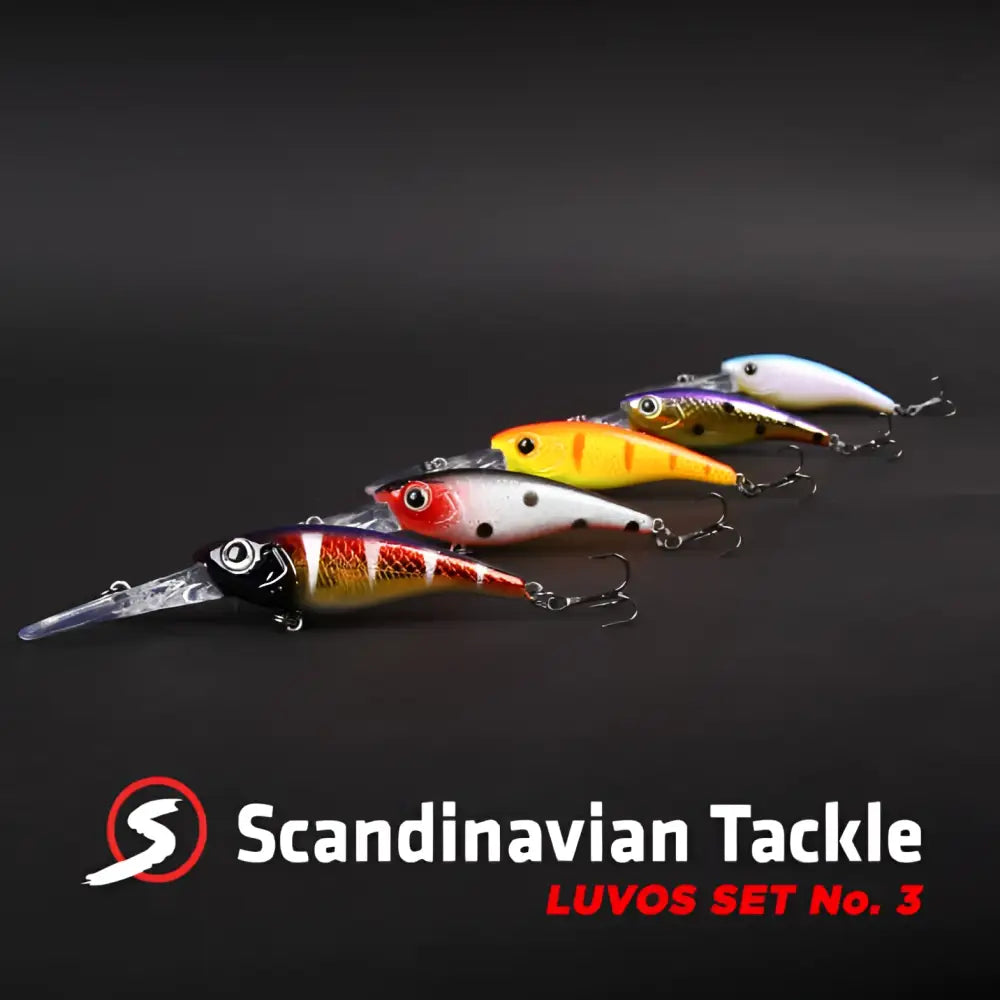A set of five colorful hard-bodied fishing lures with detailed painted patterns and metallic hooks from Scandinavian Tackle Luvos 60mm vaappulajitelma No3