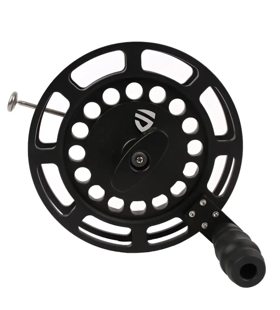 Black fly fishing reel scandinavian tackle pro plaanarikela with sleek perforated design and textured grip handle