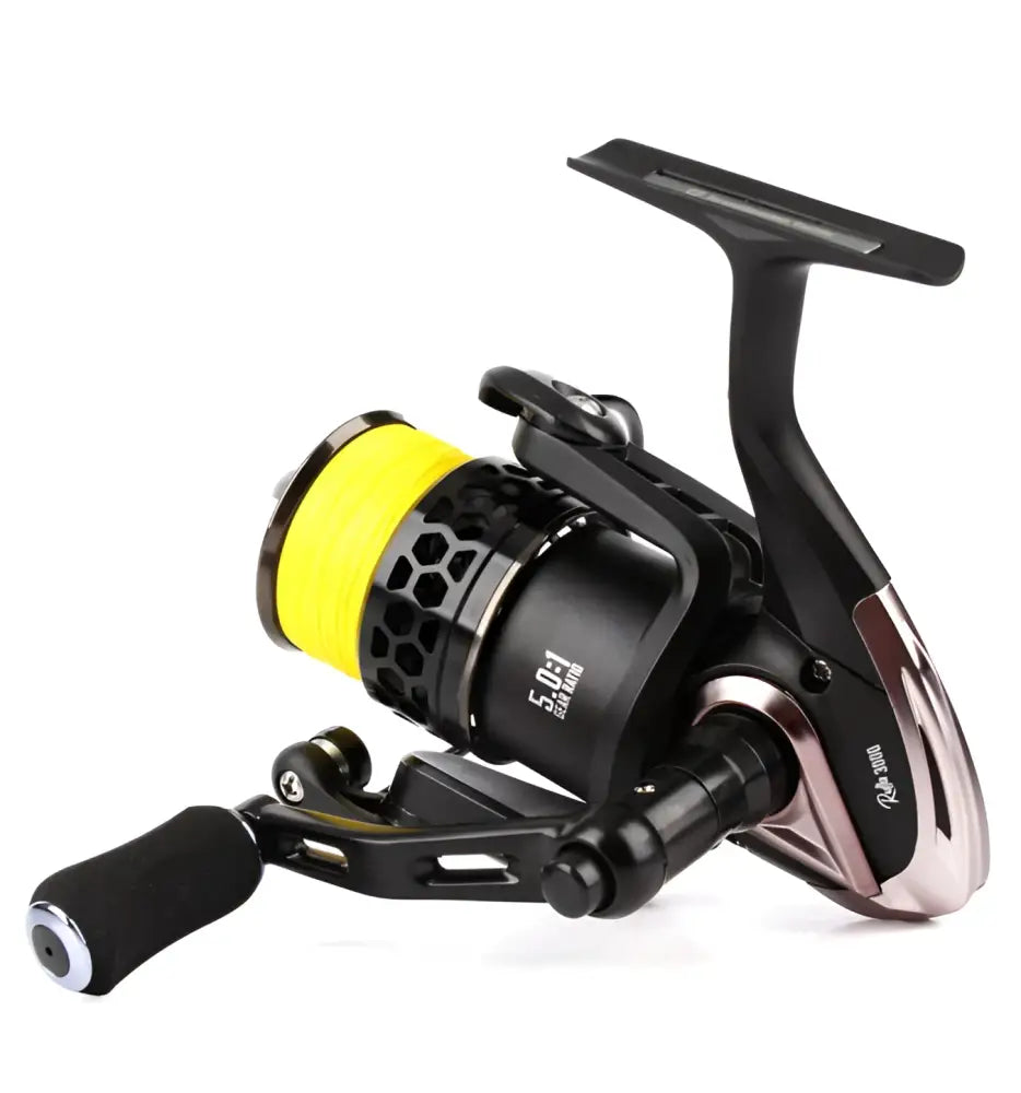 Black and rose gold scandinavian tackle rulla haukikela 3000 fishing reel with bright yellow spool for angling