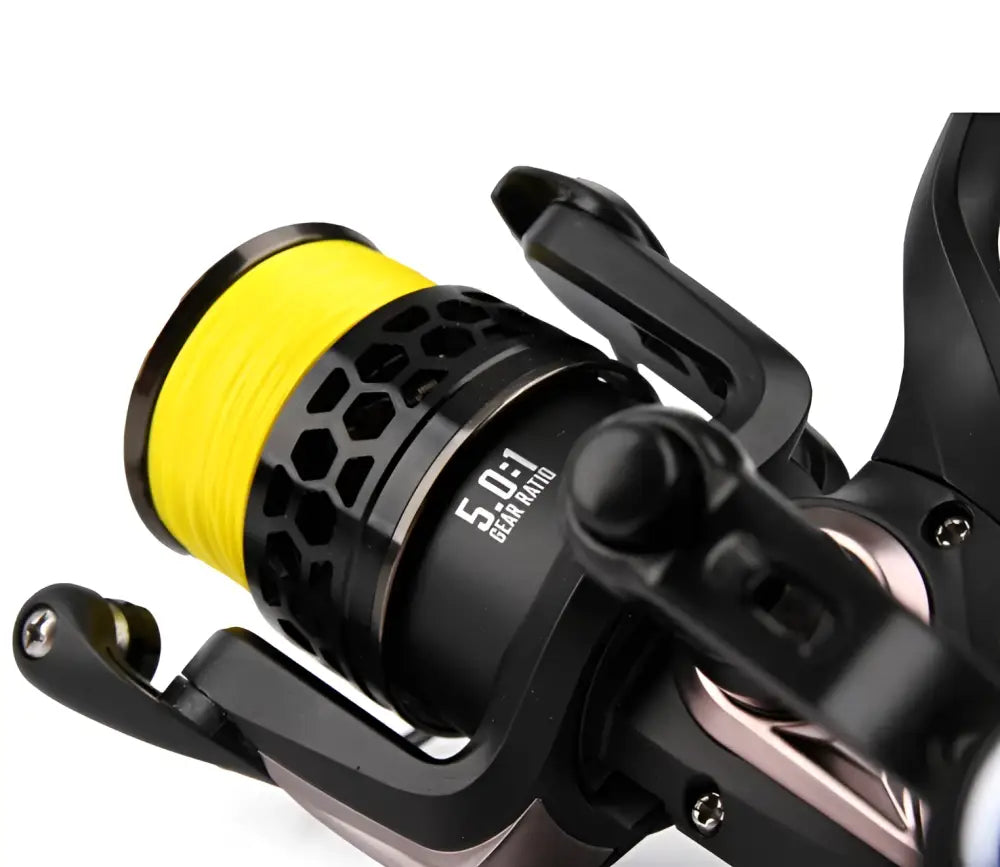 Black fishing reel scandinavian tackle rulla haukikela 3000 with vibrant yellow spool and 5.0 1 gear ratio engraving