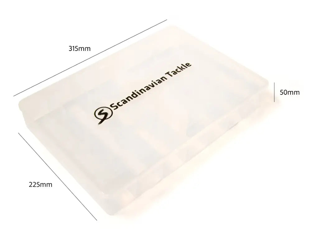 Translucent white plastic tackle box with black scandinavian tackle branding vieherasia 315x225x50mm