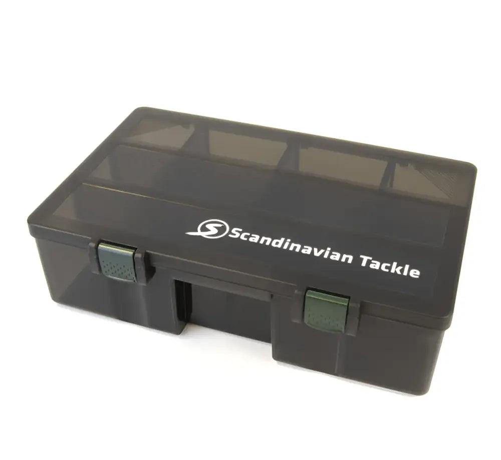 Black translucent plastic tackle box with green latches and segmented compartments branded scandinavian tackle vieherasia 350x220x100mm