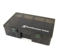 Black translucent plastic tackle box with green latches and segmented compartments branded scandinavian tackle vieherasia 350x220x100mm