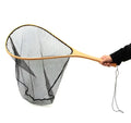 A wooden-handled fishing net scandinavian tackle woodland haavi m with black mesh reinforced edge and hanging loop