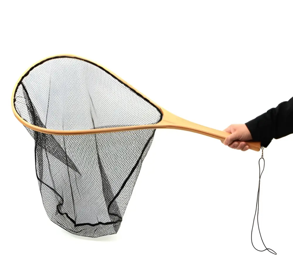 A wooden-handled fishing net scandinavian tackle woodland haavi m with black mesh reinforced edge and hanging loop