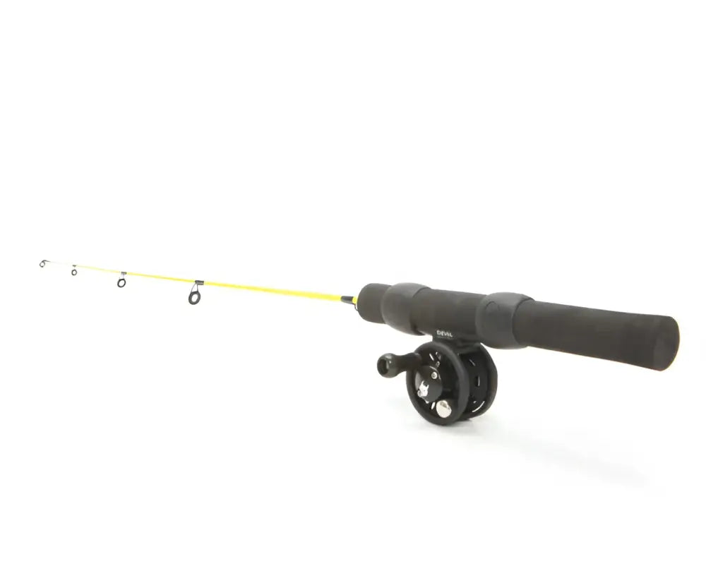 Mustavalkoinen ja keltainen Scandinavian Tackle Yellow Devil pilkkivapa kelalla OUTLET poistotuote