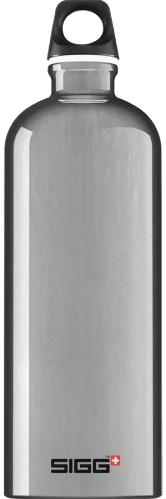 Silver sigg traveller alu 1,0 l juomapullo ruostumattomasta teräksestä mustalla kierrekorkilla ja valkoisella renkaalla