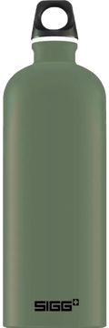 Olive green sigg traveller leaf green 1,0 l stainless steel water bottle with black screw-on cap and white accent ring