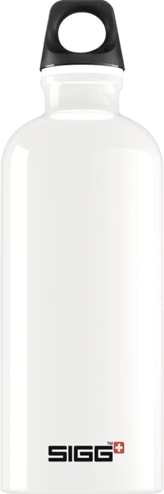 Sigg traveller white 0,6 l valkoinen juomapullo mustalla ruuvikorkilla ja logolla pohjassa