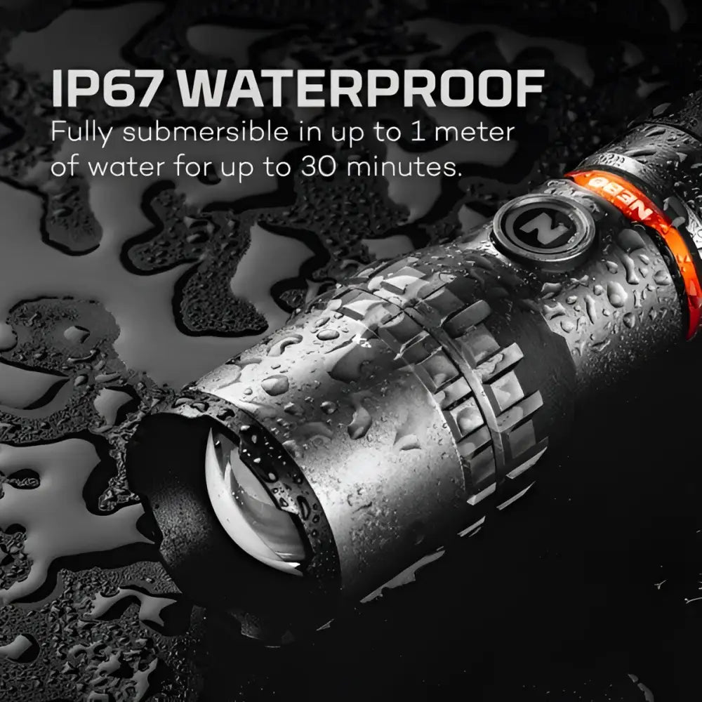 Black SLYDE KING 2K tactical flashlight with textured grip orange accent and IP67 waterproof rating