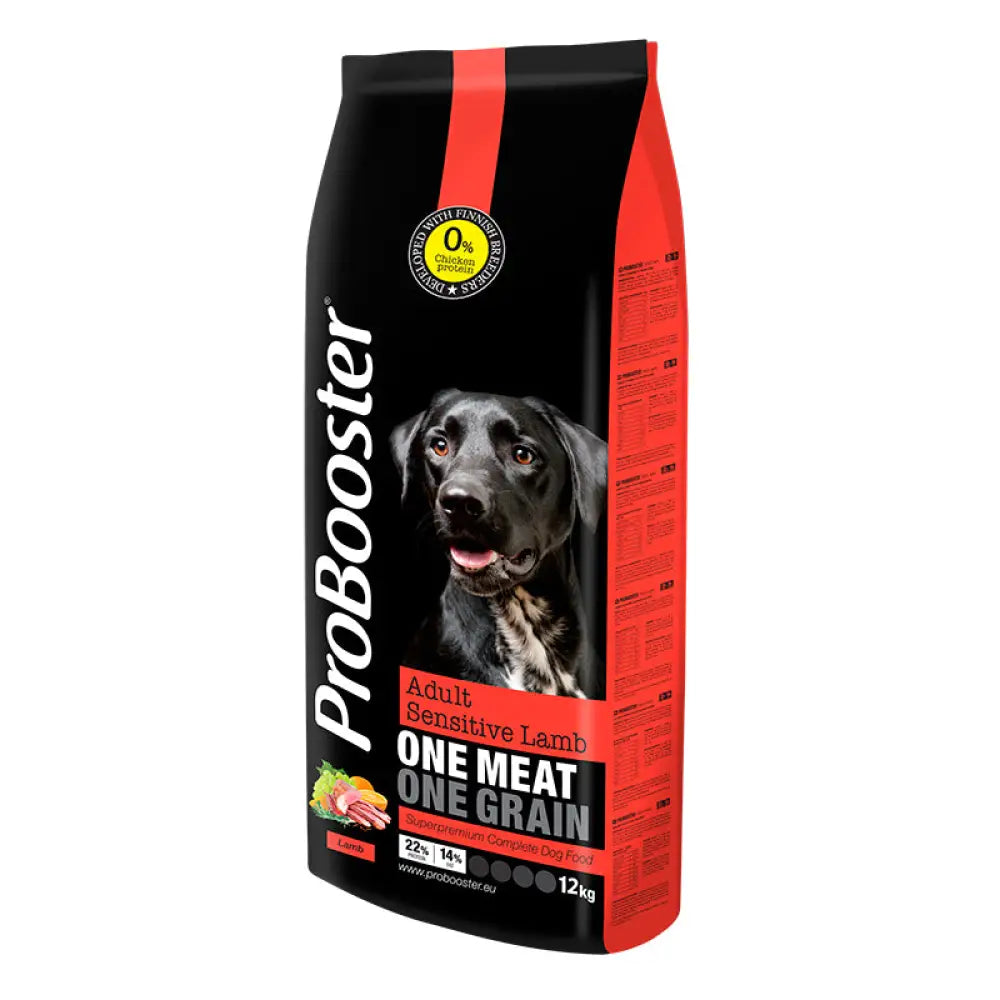 Black and red bag of special edition proboster adult sensitive lamb dog food one meat one grain formula