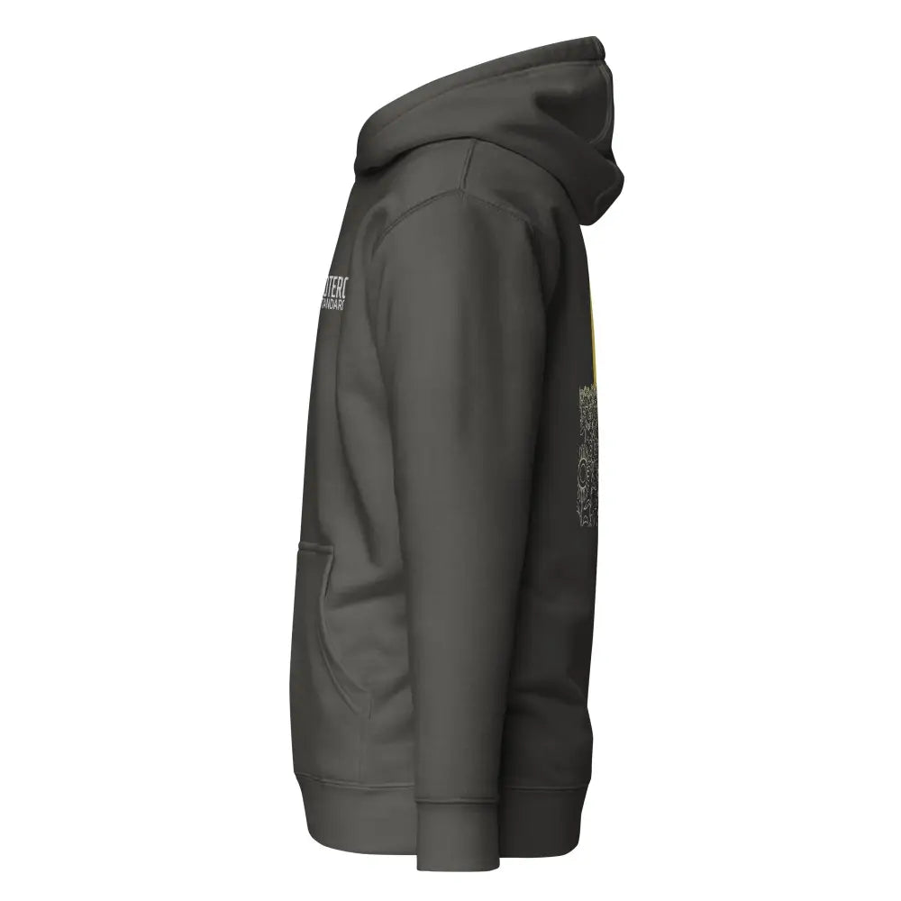 Dark gray hooded sweatshirt stand with ukraine with subtle white and yellow graphic details on the sleeves