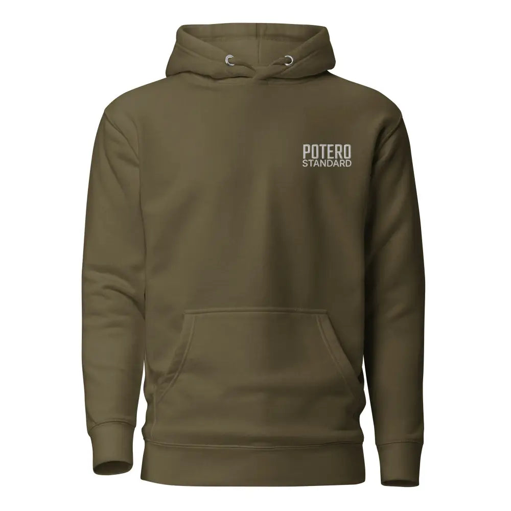 Olive green cotton hoodie with white potero standard embroidery on chest in stand with ukraine huppari