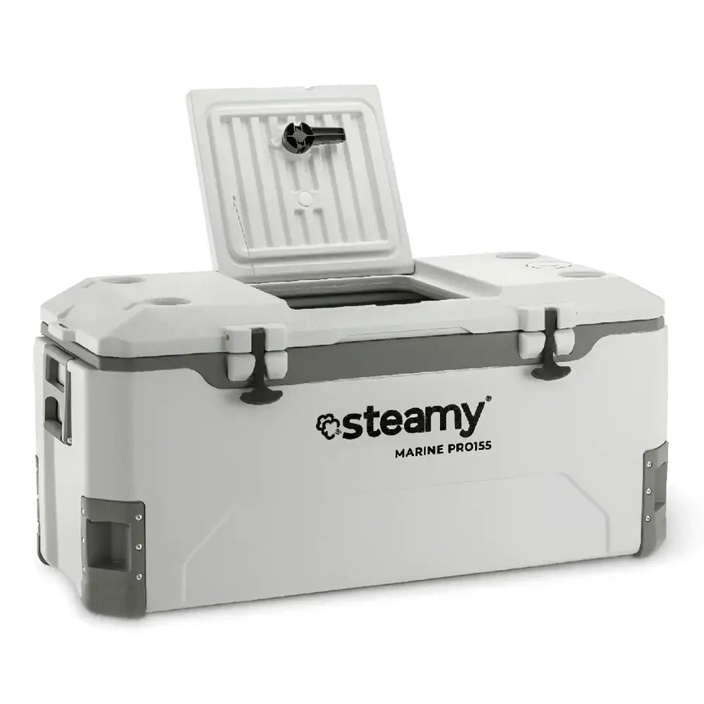 White and gray steamy marine pro 155 kylmäarkku with hinged lid black latches and reinforced corners