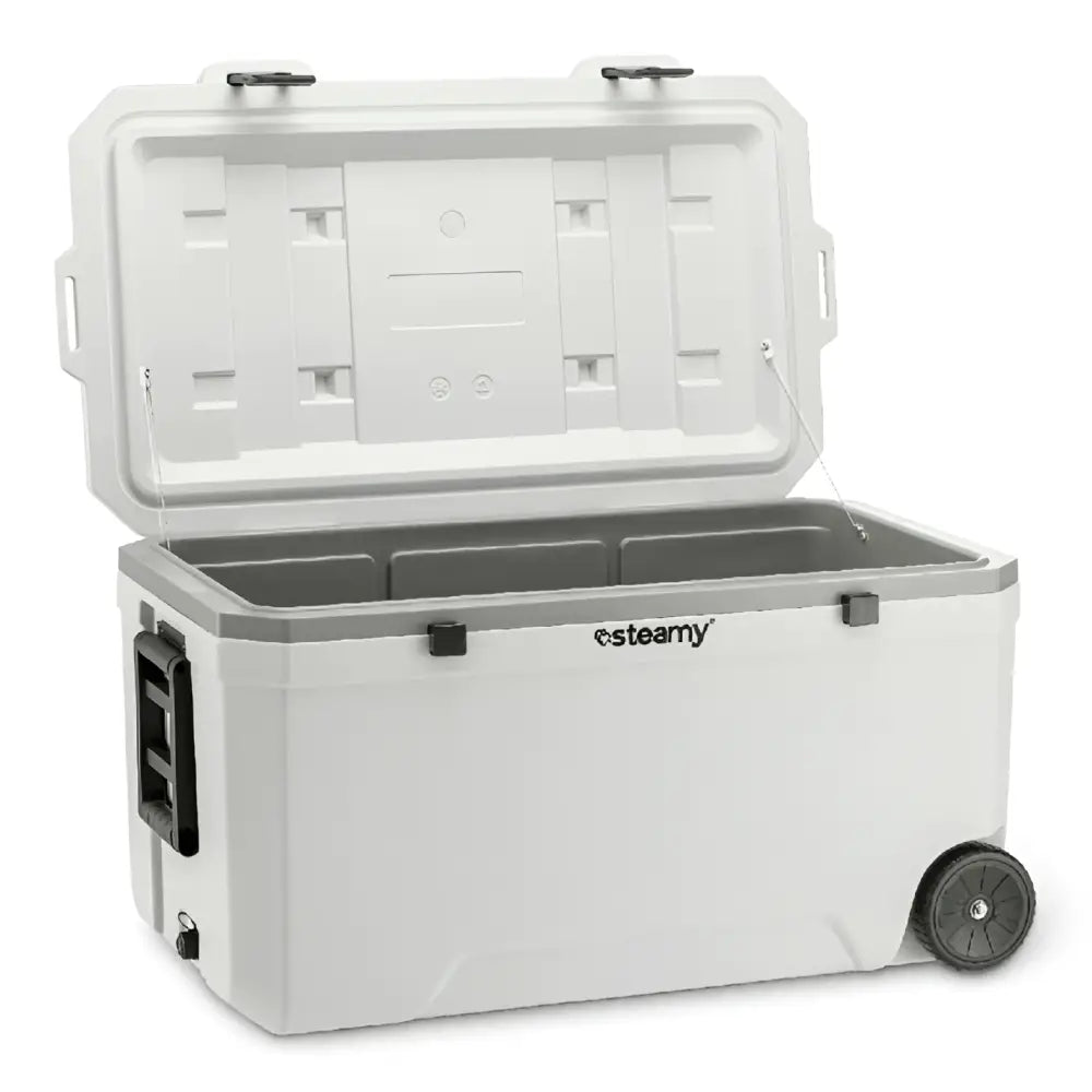 Valkoinen steamy marine roller 120 kylmäarkku harmaalla sisäosalla mustilla pyörillä ja lukolla