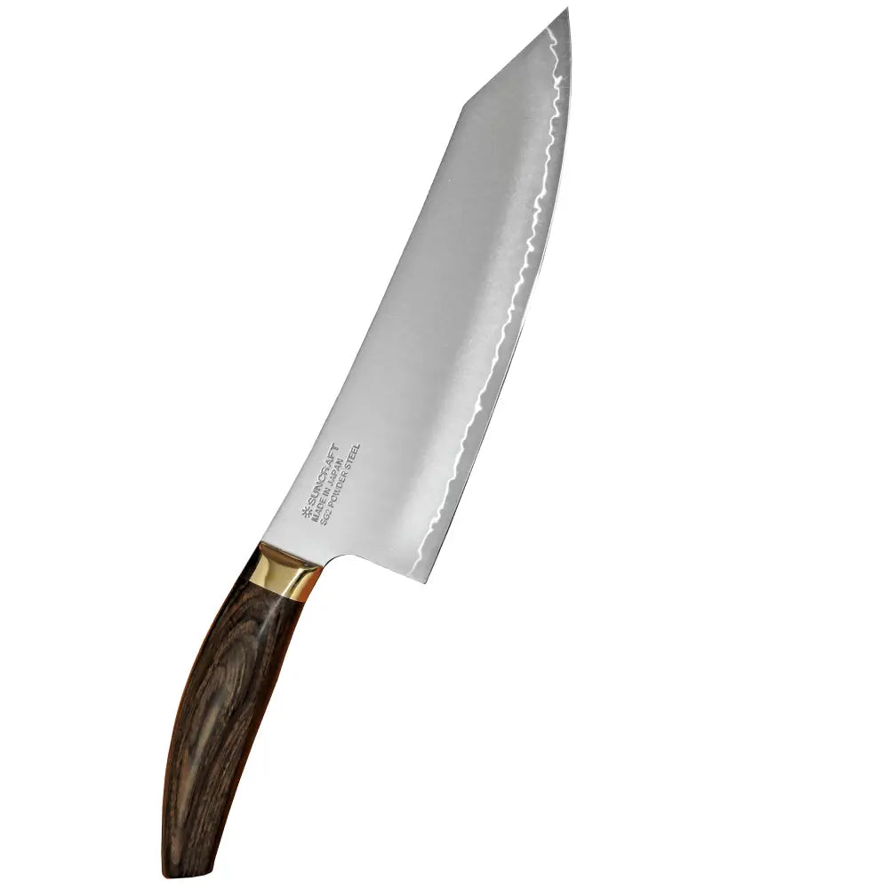 Suncraft elegancia kokkiveitsi 20 cm ruostumattomasta teräksestä wavy-reunalla ja tummalla puukahvalla kullatuilla yksityiskohdilla