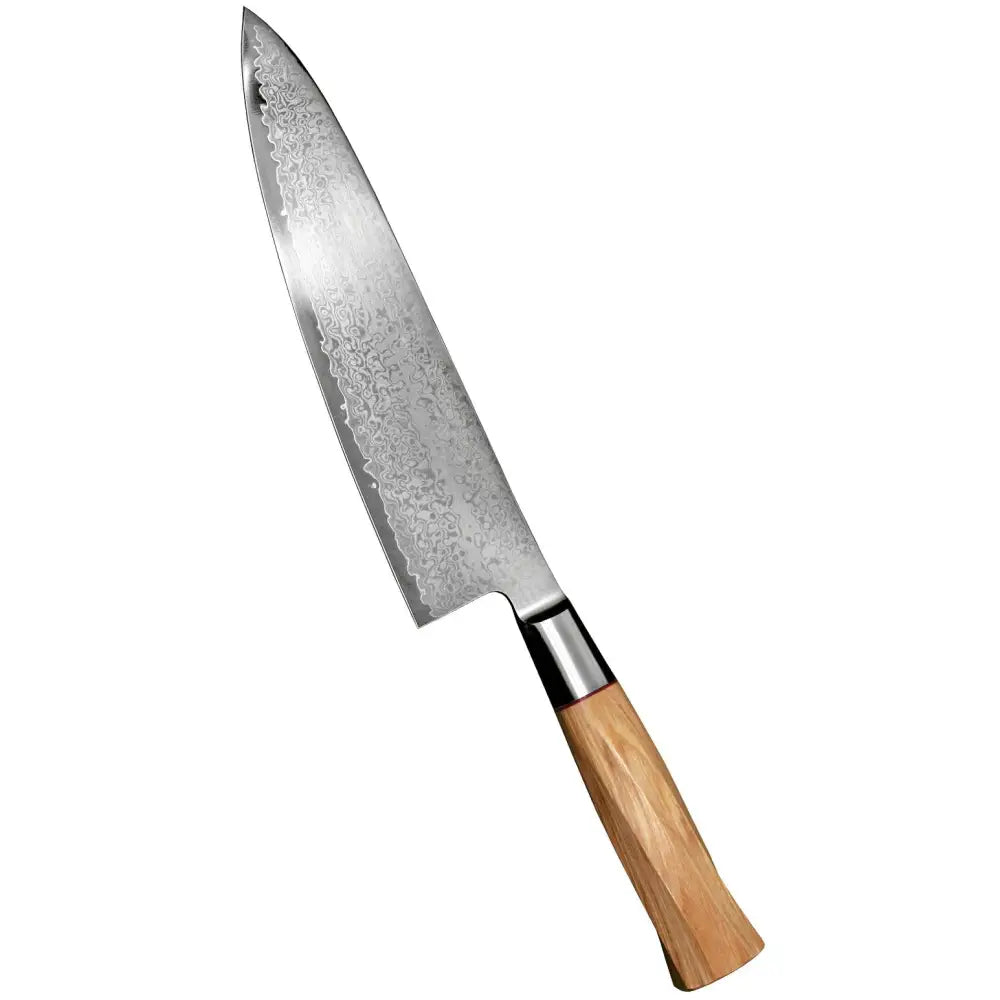 A sleek damascus steel 20 cm chef knife suncraft senzo with a wavy blade pattern and warm wooden handle