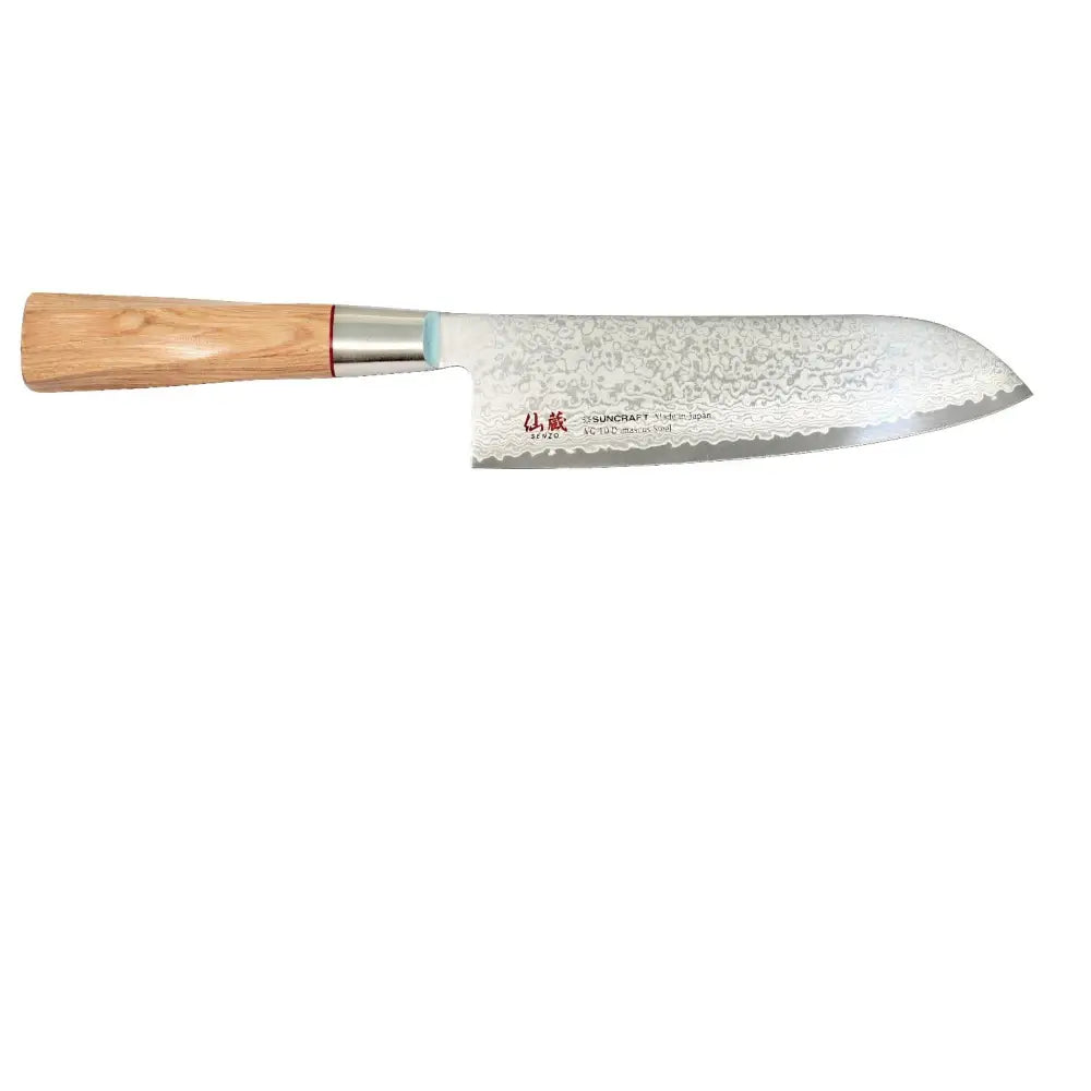 A sleek suncraft senzo damascus twisted octagon santoku knife with a 17 cm blade, light wood handle, and silver bolster