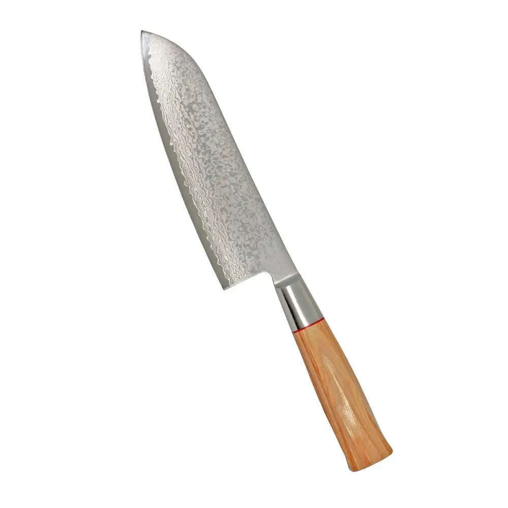 Suncraft Senzo Damascus twisted octagon santoku 17 cm veitsen terä on damaskiterästä ja kahva lämminsävyistä puuta