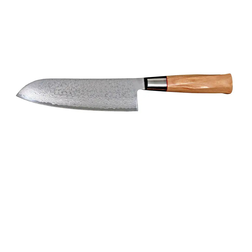 Suncraft senzo damascus twisted octagon santoku 17 cm veitsi, tyylikäs vaaleanruskea puukahva ja kiiltävä metallinen vaippa