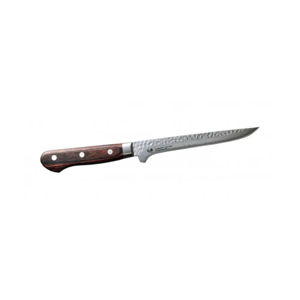 Sunkraft senzo damascus universal bouneri 16,5cm on tyylikäs vasaralainen ruostumattomasta teräksestä valmistettu fileerausveitsi tummalla ruskealla puisella kahvalla ja kolmella hopeisella niitillä