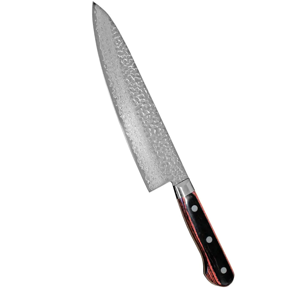 Suncraft senzo damascus universal kokkiveitsi 21 cm tummanpuhuvalla punamustalla puukahvalla ja vasaraläpikuviolla