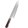 A sleek hammered stainless steel kokkiveitsi with a dark wood handle and silver rivets by Suncraft Senzo 21 cm