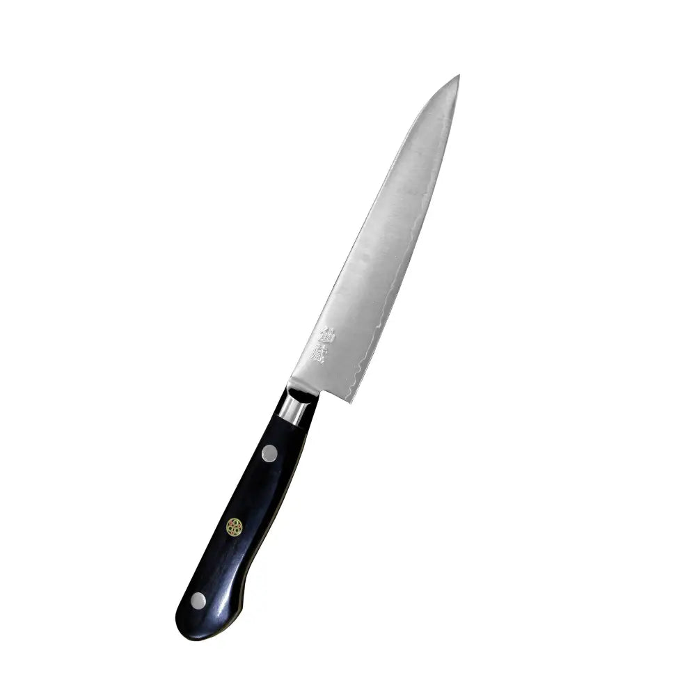 Black-handled suncraft senzo pro vihannesveitsi 13,5 cm ruostumattomalla terällä ja kullansävyisillä yksityiskohdilla