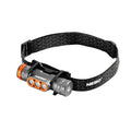 Black and orange nebo transcend 1500 headlamp with a textured strap for hands free lighting