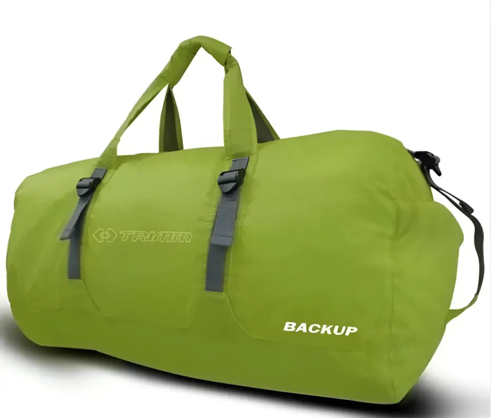 Lime green trimm backup laukku 10l harmailla remmeillä ja mustilla vetoketjun vetimillä